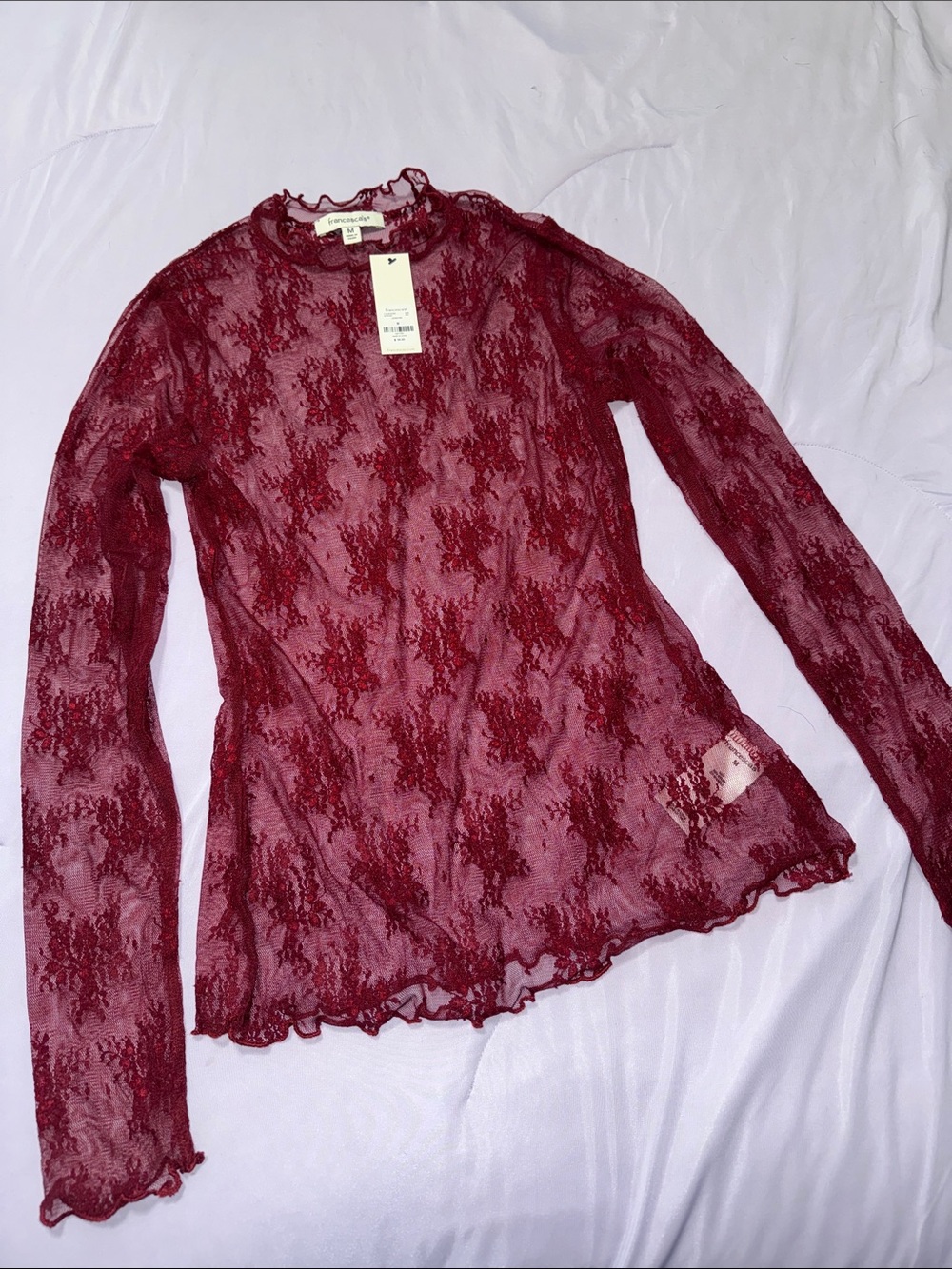 Francesca's Collections Burgundy Sheer Lace Long-Sleeve Top